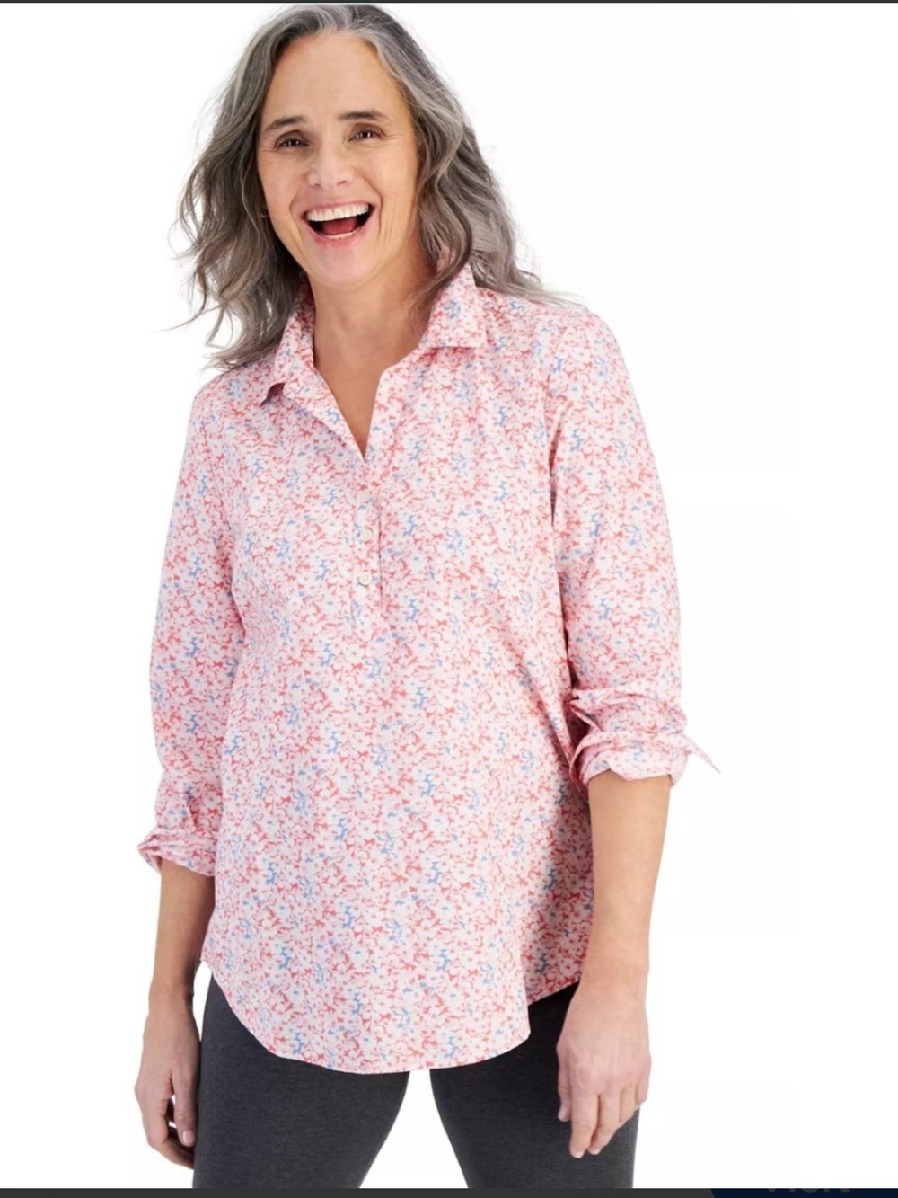 NWT Style & Co. Coral Floral partial Button-Up Women's Shirt tunic Top medium